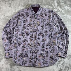 Visconti Black Mens Button Up Shirt Purple Floral Pattern Long Sleeve
